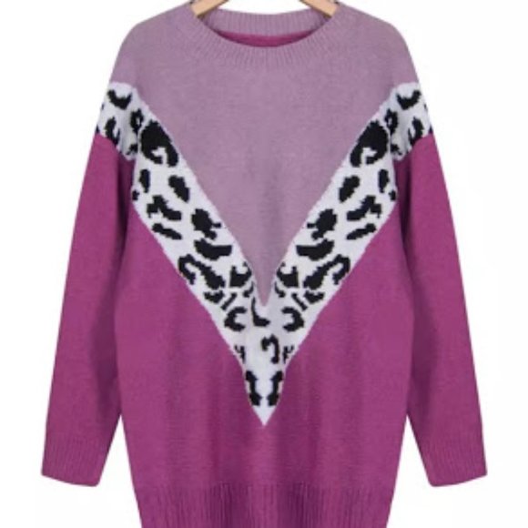 Leopard Pink Purple V- Two Tone Knit Sweater - Picture 2 of 6